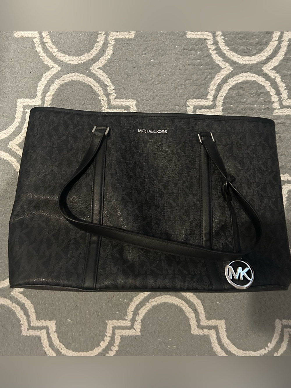 Michael Kors Black MK Monogram Tote with Silver Logo - Picture 13 of 13